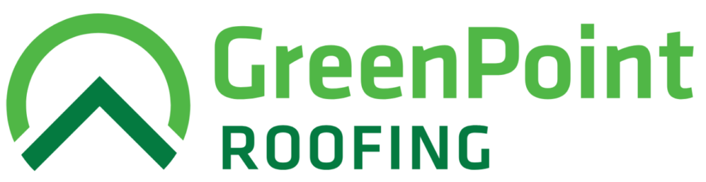 GreenPoint Roofing logo with a green circular arc and a stylized roof shape in dark green styling the brand name.